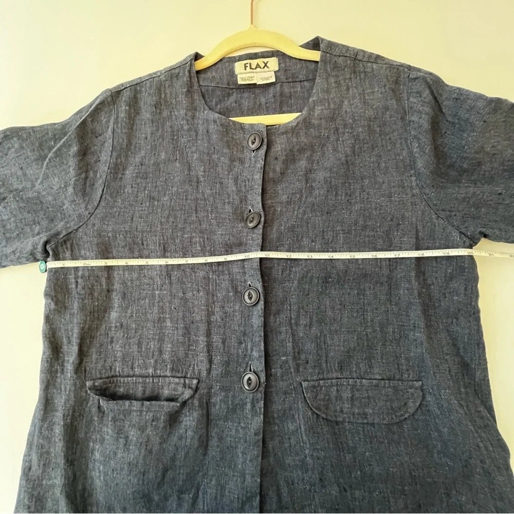 Flax Blue Gray Button 100% Linen Blazer Collarless Design Size Small - Picture 2 of 7